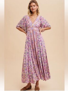 in loom - lavender, peach, green and pink flutter sleeve flowy dress